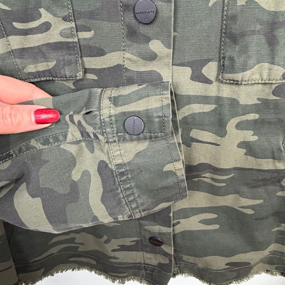 Sanctuary Fray Hem Utility Jacket Green Camo Cotton Canvas Snap Front Military M - Picture 6 of 13
